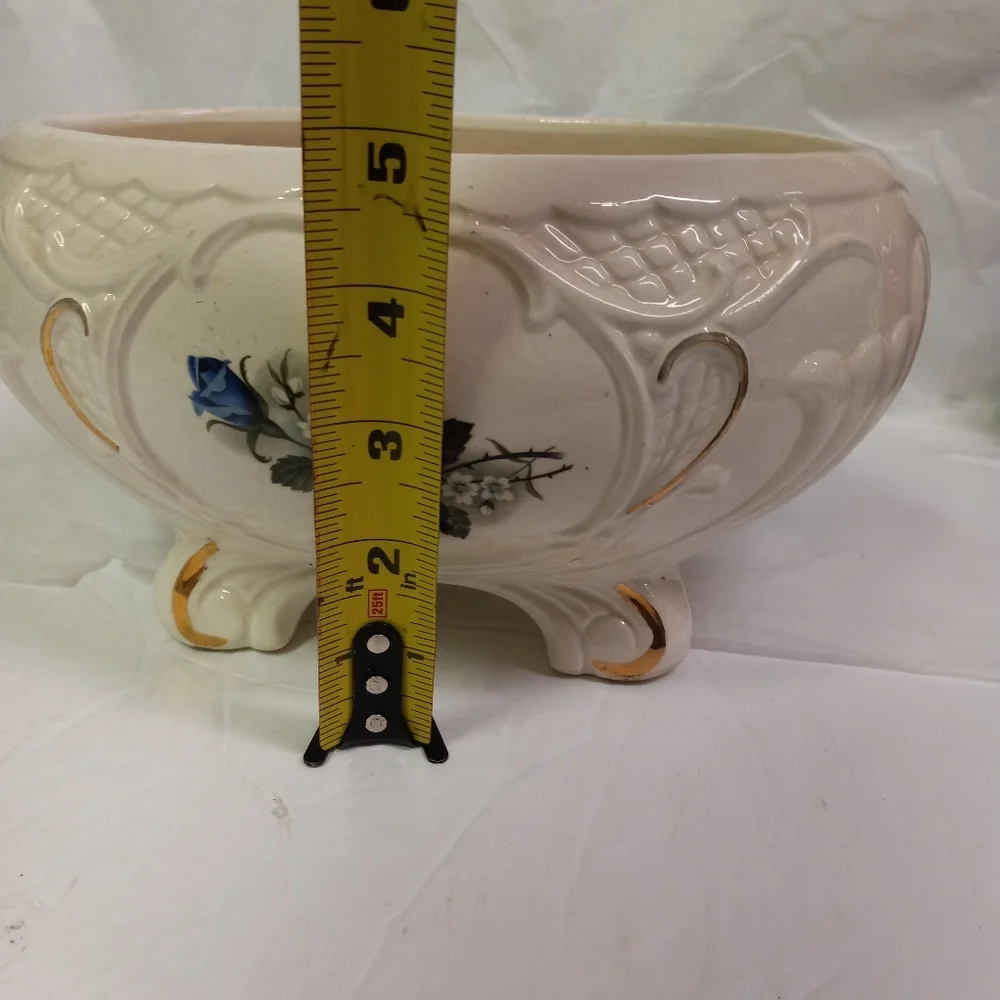 VINTAGE Maurice of California Footed Planter Beige Blue Rose Buffet Table Decor